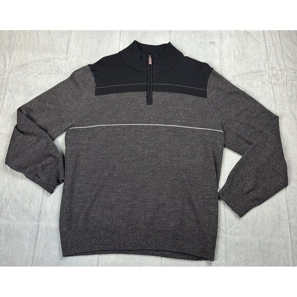 Dockers Quarter Zip Sweater Mens Large Long Sleeve Black Gray Stripes Pullover - Picture 1 of 4